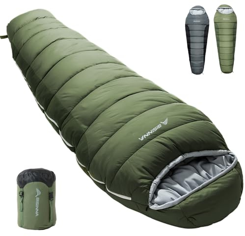 BISINNA 4 Season Mummy Sleeping Bag for Adults Cold Weather with Adjustable Hood, Phone Pocket for Hiking, Camping, Traveling, Adults & Kids (Green)