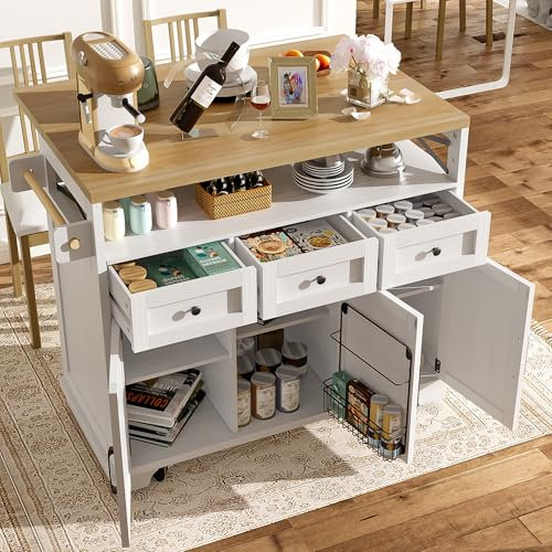 Oslghy Isla De Cocina con Mueble u Mesa, Carro de Cocina con Ruedas, Mueble Auxiliar de Cocina, Armario de Cocina Almacenaje con Encimera Extensible, Buffet con Cajones y Puertas, 118x46x98cm (Blanco)