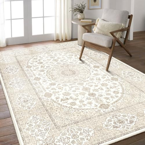 phonzenuo Indoor Area Rug 160x230cm Washable Living Room Carpet Bedroom Rug, Retro Accent Throw Distressed Rug, Easy Cleaning, Non Shedding, Dining Room, Deck, Patio (Cream)