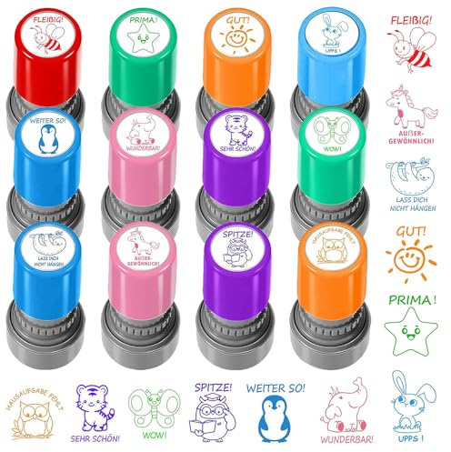 BIZOI 12 Stück Selbstfärbende Lehrer Stempel, Belohnung Motivation Briefmarken, Lob Siegel Ermutigung für Lehrer, Schüler, Jungen, Mädchen, Hausaufgaben, Klassenpreis, Korrigieren von Hausaufgaben