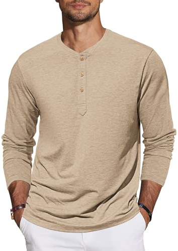 TARAINYA Henley Shirt T-shirt en coton pour homme à manches longues/courtes avec patte de boutonnage 3 boutons, M à 4XL, C Kaki., M
