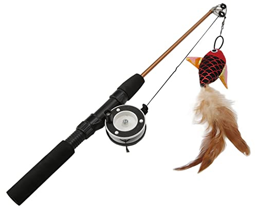 Xiuganpo Rolig Kattpinne, Infällbar Interaktiv Teleskopisk kattfiskespö med Realistisk Design, Justerbar Längd, Sinnesro, Lätthet, Utbytbar Leksaksupphängning för (Röd fisk + fiskespö)