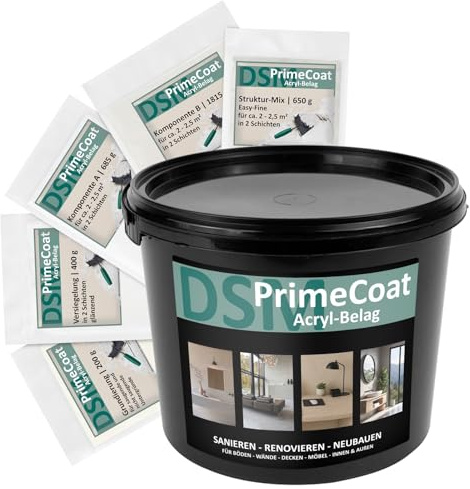 DSM PrimeCoat Acryl-Belag Spachtelmasse für fugenlose Dusche & Bad – Set | für ca. 4-5 m² – M25 Anthrazit – inkl. Strukturmix Easy Fein – für Wand, Boden, Möbel – Mikrozement Alternative