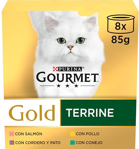 Gourmet Gold Terrine, Cibo Umido per Gatti Adulti, patè, assortimento di Salmone, Pollo, Coniglio, Agnello e Anatra, 12 Confezioni da 8 lattine da 85 g (96 lattine)
