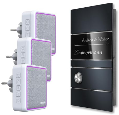 Metzler® Funkklingel Ava Slim mit Gravur, 3 Steckdosenempfänger, Anthrazitgrau RAL 7016, kabellos, bis 200 m Reichweite im Freifeld, V2A Edelstahl, Aufputz 11 × 20 cm, 10 Jahre Ersatzteilverfügbarkeit