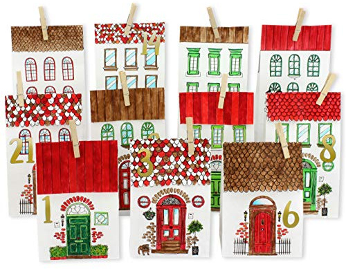 Papierdrachen Adventskalender 2025 Tüten zum Befüllen - Häuser-Motive zum Ausmalen - inkl. Klammern und Zahlenstickern - weißes Kraftpapier - DIY