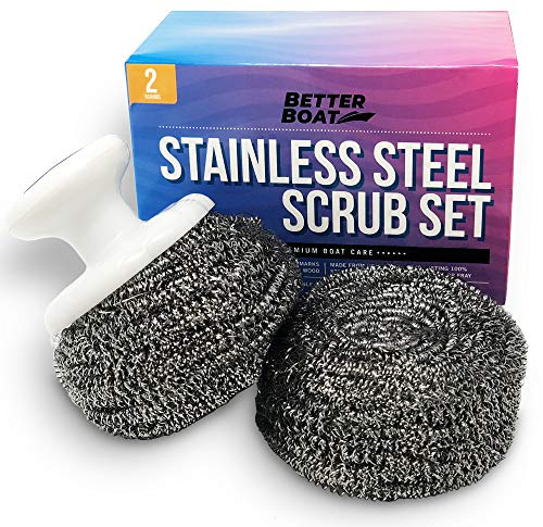 Stainless Steel Scrubber Set Steel Wool Scrubber Marine Grade Scouring Pads & Brush Handle, Heavy Duty Cleaning Supplies, Kitchen Cleaner, Dishes, Teak Wood Outdoor Furniture, Metal Tough Cleaning