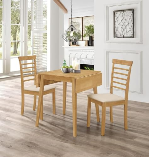 Hallowood Furniture Ledbury Small Drop Leaf Dining Table and Chairs Set 2, Oak Finish Wooden Folding Table and Chairs with Warm Cream Padded Seats, Ideal Home or Cafe Dining Set for 2