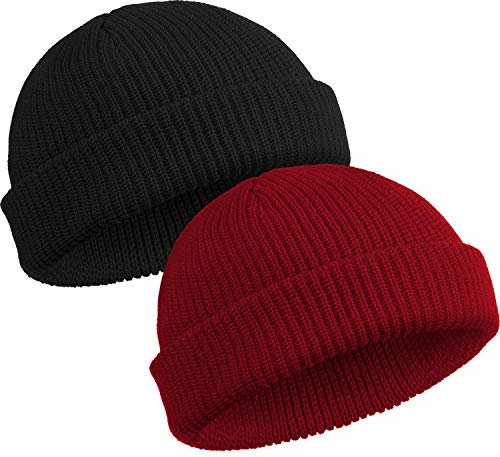 SATINIOR 2 Stücke Trawler Mütze Fleece Uhr Kapp Roll Up Kante Schädeldecke Wintermütze Unisex (Weinrot, Schwarz)