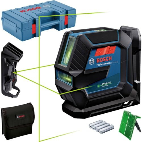 Bosch Professional Livella Laser GLL 2-15 G,laser verde, da interno, supporto LB 10, morsetto per soffitto, raggio d'azione visibile fino a 15 m, 4x batterie AA, valigetta