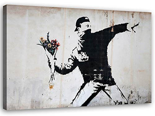 Feeby Leinwandbilder XXL Banksy - Flower Thrower - 60x40 cm - Bild auf Leinwand - Kunstdruck - Deko Wohnzimmer - Wandbilder Schlafzimmer - Deko Schwarz - Deko Aesthetic - Wand Deko
