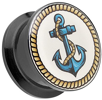 Taffstyle Ohr Plug Flesh Tunnel Piercing Ohrpiercing Kunststoff Schraub Schraubverschluß Picture mit Blauer Anker & Seemanns Seil Motiv