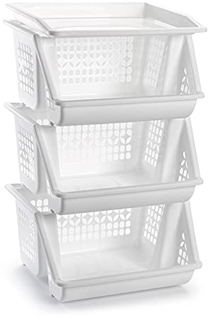 Acan Tradineur - Pack 3 cestas apilables Multiusos 58 x 38 x 29 cm，Carro verdulero 3 niveles apilables multicolores para elegir color que le gusta (Blanco) (PLUS)