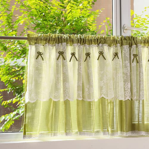 Ricemru Grün Küchengardinen Landhausstil Modern 70 Hoch Leinen Spitze Bistrogardine Halbtransparent Kurz Küche Scheibengardine Küchenfenster 1er Pack,140x70
