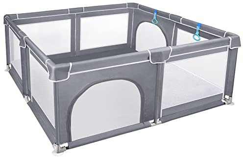 NAIZY Laufstall Baby XXL Laufgitter 150x180cm inkl. Trainingsarmband Krabbelgitter mit atmungsaktivem Netz und Rutschfester Basis für Kinder im Innen- und Außenbereich, Normal Grau