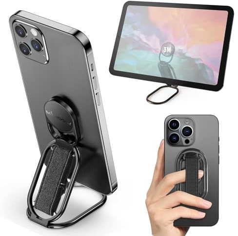 [2025 New] Mindsky Phone Grip for Kickstand Compatible with Finger Loop, 3-in-1 Phone Ring Holder Strap for All Mobile Phones-Black (Ligament Type) (3 in 1 Phone Ring Holder) (3M Adhesive Phone Ring)