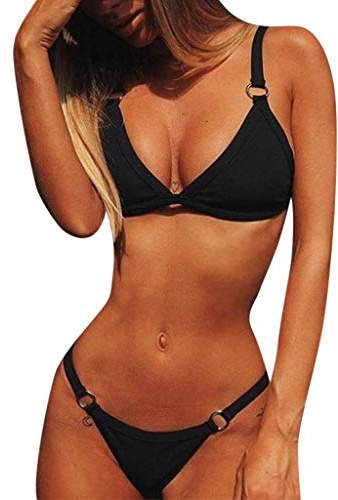 CheChury Costumi da Bagno Donna Mare Bikini Due Pezzi Push-up Reggiseno Imbottito Sportivi Bikini Brasiliano Triangolo Sexy Perizoma Soft Spiaggia,Nero,XL