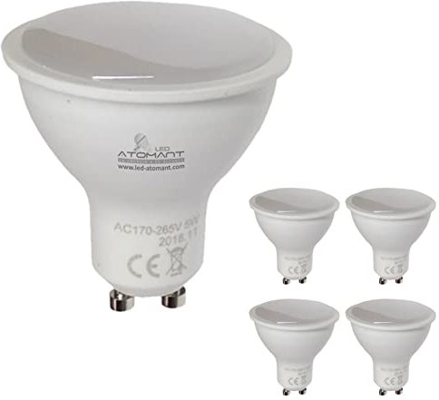LED ATOMANT Pack 5x Bombilla LED GU10 5W. Color Blanco Calido (3000K). 550 lumenes reales. 120 grados de apertura. Recambio bombillas 50W.