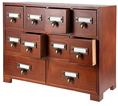PACKGILO Apothecary Cabinet with 10 Drawers & Labels Rustic Library Card Catalog Cabinet Desktop Wooden Storage Box for Organize Herbal、Tea Bag、Jewelry (Brown)