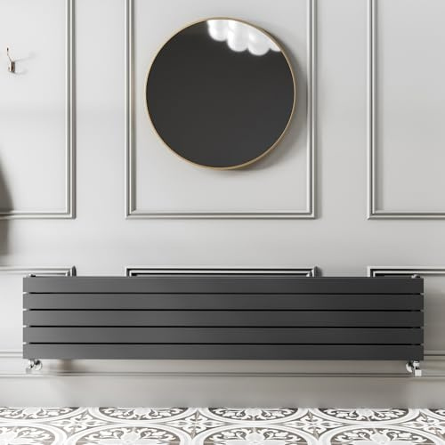 Go Bathrooms Pinta 340 x 1600mm Horizontal Radiator Anthracite Flat Panel Double Column Wall Mounted Designer Anthracite Grey Radiator Central Heating Includes Brackets