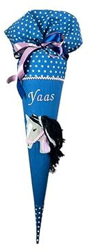 Glückspilz Schultüte mit Namen personalisiert, Pferd blau, Zuckertüte aus Stoff genäht, mit Kissen + Rohling