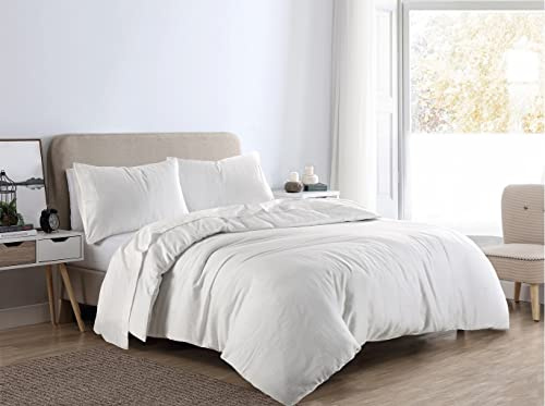 LIZZIE JACOBS New Brushed 100% Cotton Flannelette Plain Duvet Quilt Covers Flannel Fully Reversible Bedding Sets With Pillowcases (White, Double)