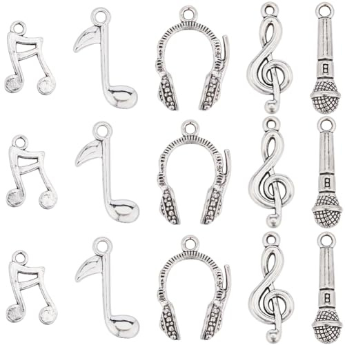 SUNNYCLUE 1 Scatola 90 Pezzi 5 Stili Ciondoli Musicali Sfusi Note Musicali Fascino Strumento in Argento Tibetano Mini Simbolo Suono Fascino per Creazione di Gioielli Forniture di Ciondoli Collana Fai
