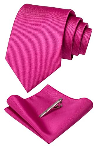 RBOCOTT Tie Fuchsia Hot Pink Necktie and Pocket Square, Hankerchief and Tie Bar Clip Sets for Men(64)