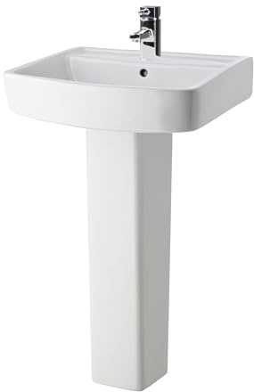 Balterley 520mm Bathroom Sink, Full Pedestal Ceramic Square Bowl Bathroom Wash Basin Sink with Overflow, 1 Tap Hole, Floor Standing Basin Sinks for Cloakroom - 520 x 420 x 820mm (White)