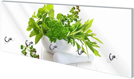 Wallario Wandgarderobe aus Glas in Größe 80 x 30 cm mit Memoboard-Funktion, Motiv: Welt der Kräuter - Verschiedene Kräuter in einem weißen Mörser | 5 Kleiderhaken zum Aufhängen von Jacken