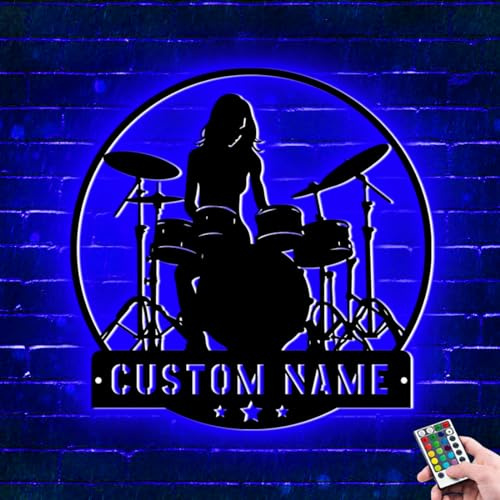 ALICESER Personalisiertes Schlagzeug-Set, Musik-Metall-Lichtschild für Wandkunst, individuelle Schlagzeug-Performance mit Namen, Metall-Neonschild, RGB-LED, Musikzimmer-Dekor, individuelles Geschenk