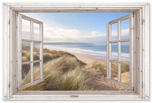 MuchoWow© Gartenposter Groß XXL Outdoor Bilder Gartendeko für draußen | 120x80 cm - Wetterfest Garten Deko Banner Sichtschutzmatte Bild Fensterblick - Strand - Meer - Dünen - Strandhafer