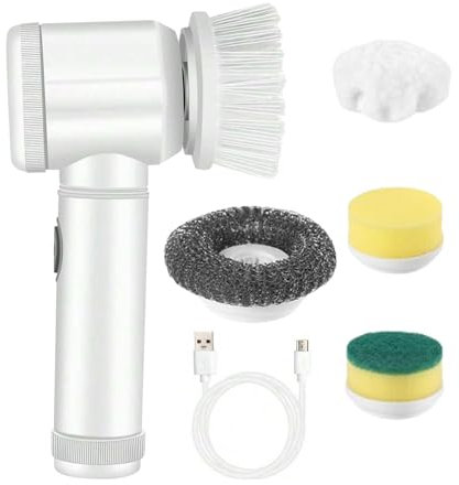 Épurateur électrique à Rotation – Brosse de Nettoyage à Main Rechargeable avec 5 têtes de Brosse remplaçables, épurateur électrique sans Fil pour Baignoire Murale, fenêtre, évier de Cuisine
