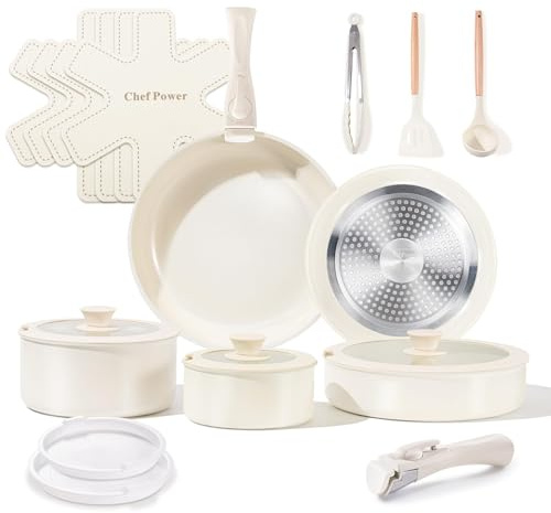 Chef Power Ceramic Cookware Set Non Toxic with Detachable Handles, Healthy Nonstick Pans and Pots Set 19 Pcs, Induction Dishwasher Oven Safe Kitchen Set, PFAS PFOA & PTFE Free, Cream White