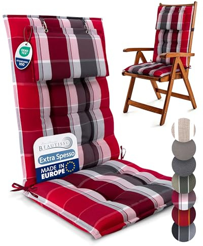 Beautissu Premium Hochlehner Auflage mit Kopfpolster Gartenstuhlauflage | 120x50cm Rot Anthrazit Gestreift 8cm Dickes Polster Robuster Gartenstuhlauflage mit Befestigungsbändern Gartenstuhl Sun-HL