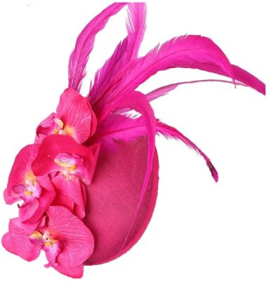 Yeuyyben Fascinator für Damen, Kopfschmuck für Braut, Hochzeit, Cocktail, Kirche, Fedora-Hut, Federn, Blume, Hüte, Kopfbedeckung, fuchsia, Einheitsgröße