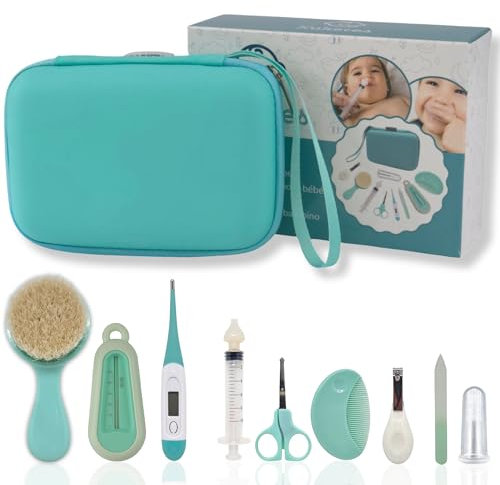 Kuketes - Set per la cura del neonato. Kit Igiene Per La Cura Del Bambino Pack Accessori Lima, Forbici, termometro doccia, siringa bebe, spazzola, pettine. Kit completo per neonati per viaggio e uso