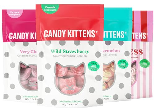 Candy Kittens Vegan Sweets The OG Selection (4 x 140g) – Vegan Chewy Sweets Bundle, Wild Strawberry, Sour Watermelon, Eton Mess & Very Cherry – Ideal Snacks for Sweet Hampers & Pick and Mix