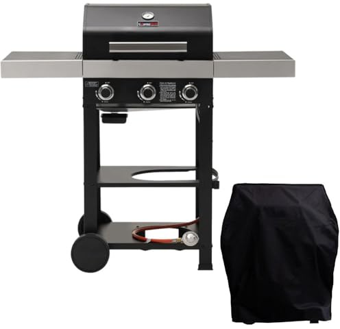 CosmoGrill Wabaya 3 Burner Gas Barbecue Garden Grill Ceramic Searer, Auto Ignition, Grease Tray, Thermometer, for Portable Outdoor Home Garden Balcony Cooking BBQ (Black with Cover)