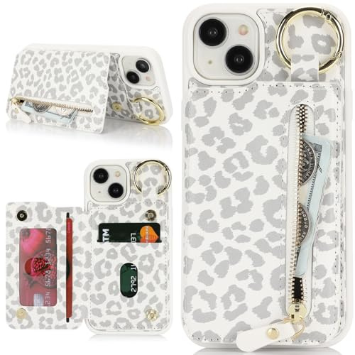 Zouzt Case for iPhone 15 6.1 Inch, Wallet Case with Credit Card Holder Slot, Premium PU Leather Key Ring Zipper Shockproof Protective Phone Cover for Men Women - White Leopard