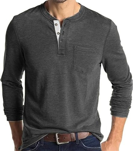 FANARCHER Camisa Henley casual para hombre, manga larga, botón de algodón, camiseta con bolsillo, L