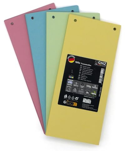 SIGNZ Trennstreifen für Ordner aus Karton, 100 Stück pastell, farblich sortiert, CO2-neutral, made in Germany