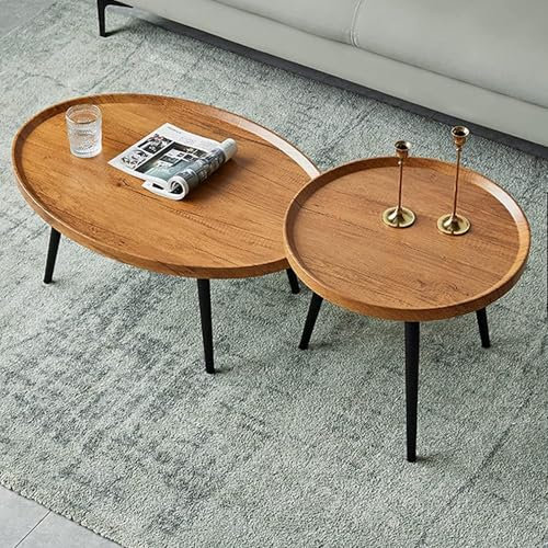 KHLMSRXJ Ovaler Satztisch: 2 große Satztische (80 cm) und kleine runde Tische (50 cm), MDF-Holztischplatte, Sofatisch, Satztische für das Wohnzimmer (gelb)