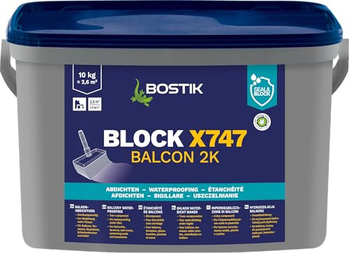 BOSTIK Block X747 Balcon 10 kg – Sellado bicomponente para balcones, terrazas, habitaciones húmedas y piscinas, impermeable y puenteo de grietas, color gris