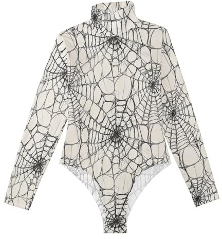 Amooorous Langärmeliger Body aus Spinnennetz, butterweich, für Damen, Shapewear, Body, niedliches Oberteil für Damen, zum Ausgehen, Rollkragen-Overall, Größe M, Spinnweben, Medium