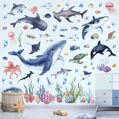 wondever Wandtattoo Unter dem Meer Fisch Wandsticker Unterwasserwelt Wal | Abziehen und Aufkleben, Abziehbar, Wandaufkleber Selbstklebend für Kinderzimmer Babyzimmer Schlafzimmer Wanddeko