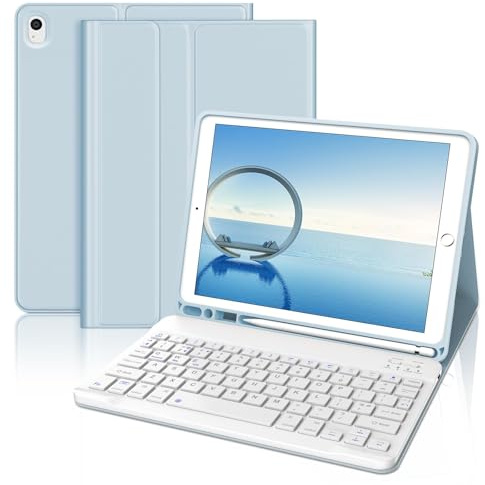 JADEMALL Funda de teclado para iPad de 10.2 pulgadas 9ª/8ª/7ª generación, teclado inalámbrico Bluetooth desmontable, funda delgada con soporte para lápiz para iPad de 10.2 pulgadas/Air 3/Pro 10.5