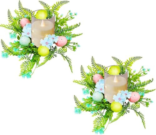 Osterdeko Kerzenring Ostern Kerzenringe für Stabkerzen Künstliche Frühlingskranz Osterkranz Deko mit Ostereie Tisch Kerzenkranz für Stumpenkerzen Blumenkranz Kerzenkränze für Tischdeko (2PCS Blau)