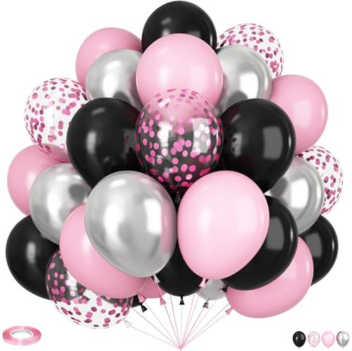 Lot de 60 ballons noirs et roses de 30,5 cm - Ballons noirs et roses en métal argenté avec confettis pour remise de diplôme, anniversaire, fête prénatale, anniversaire de mariage, décoration de fête