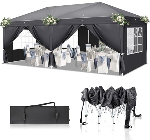 LEADZM 3 x 6 m Tonnelle de Jardin Pliable,Pop-up,Réglable en Hauteur,Protection UV 50+,avec 6 Côtés,Cadres en Acier,Convient pour la Fête, l'extérieur,Patio,Camping,Gris Foncé